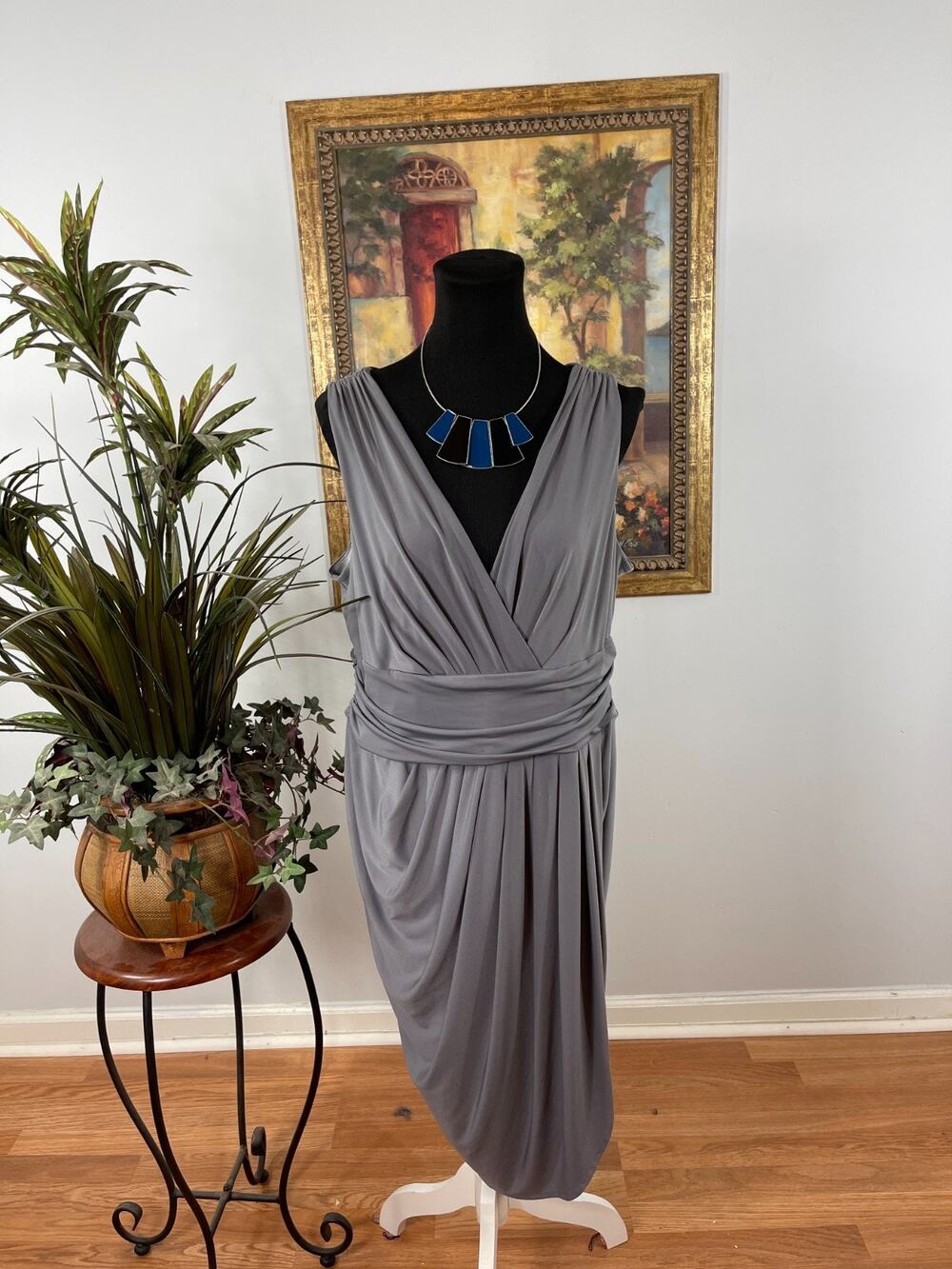 Boston Proper Dress Women's 16 Gray V-Neck Drape Detail Quiet Luxury Minimalist